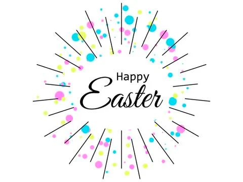 Happy easter. Festive background with rays and multicolored dots on a white b Illustrazione stock