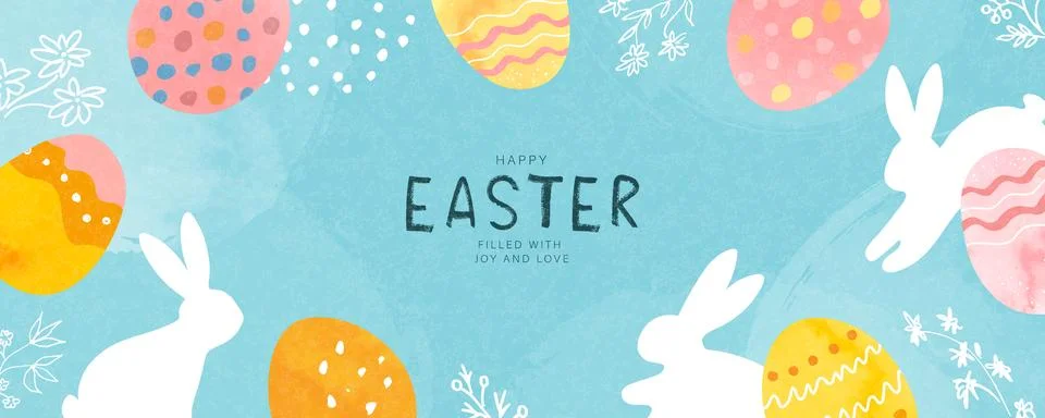 Happy Easter festive banner with eggs, bunnies and hand drawn elements. Mod.. Illustrazione stock