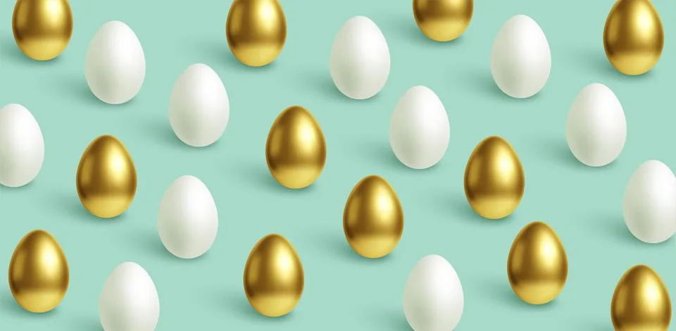 Happy Easter festive blue background with gold and white Easter eggs. Vector Stock Illustration