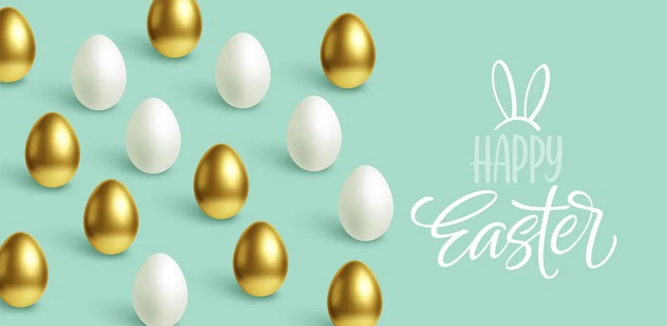 Happy Easter festive blue background with gold and white Easter eggs. Vector Stock Illustration