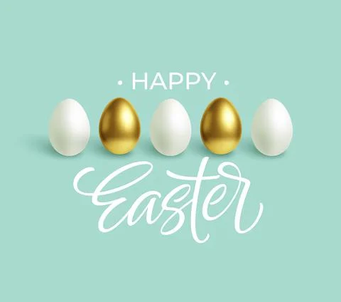 Happy Easter festive blue background with gold and white Easter eggs. Vector Stock Illustration