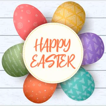Happy Easter. Festive easter eggs in circle on shabby wooden background. colo Stock Illustration