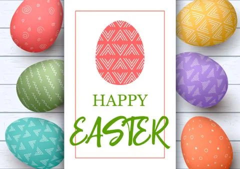 Happy Easter. Festive easter white wooden background. Easter colorful eggs in Stock Illustration