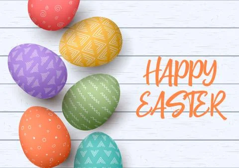 Happy Easter. Festive easter white wooden background. Easter colorful eggs in Stock Illustration