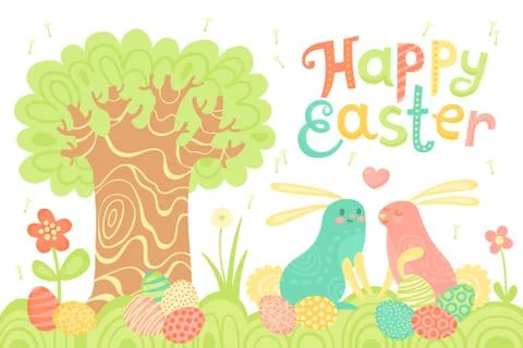Happy Easter festive postcard with rabbits painted eggs on a meadow Stock Illustration
