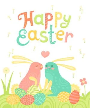 Happy Easter festive postcard with rabbits painted eggs on a meadow Stock Illustration