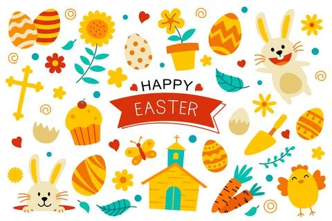 Happy easter flat color elements design. Easter set with object and decoratio Stock Illustration