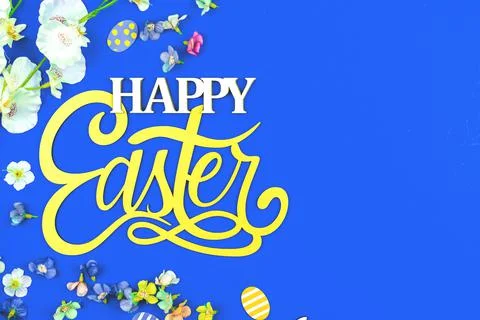 Happy Easter flat lay background with text message and congratulation with sp Foto stock
