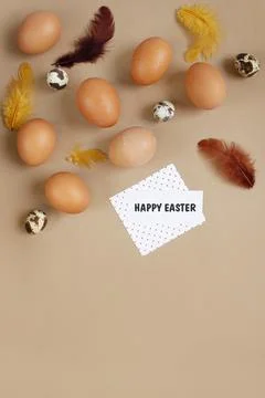 Happy Easter flat lay composition. Easter eggs decorated feathers on backgrou Stock Photos