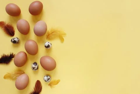 Happy Easter flat lay composition. Easter eggs decorated feathers on backgrou 库存照片