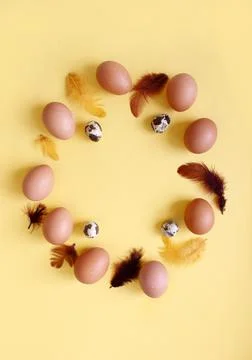 Happy Easter flat lay composition. Easter eggs decorated feathers on backgrou Stock Photos