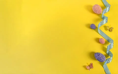 Happy easter! Flat Lay, Internet banner with Copy Space on Easter Stock Photos