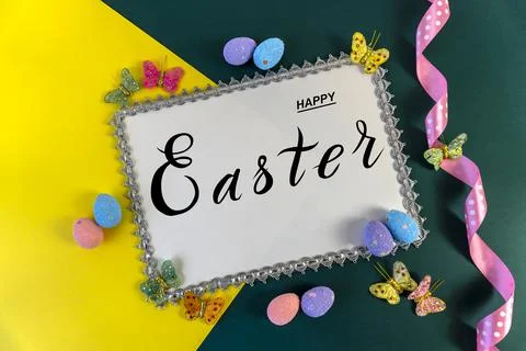 Happy easter! Flat Lay, Internet banner, postcard on Easter Foto stock