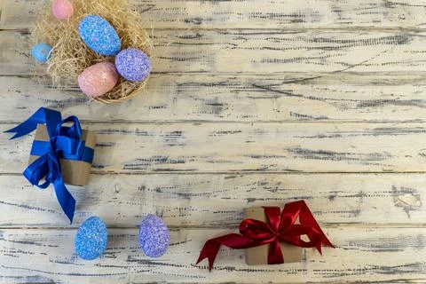 Happy easter! Flat Lay, Internet banner, postcard on Easter Stock Photos