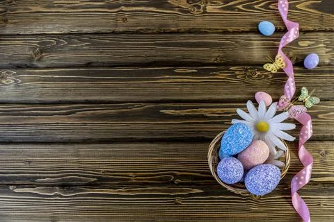 Happy easter! Flat Lay, Internet banner with Copy Space on Easter Stock-Fotos