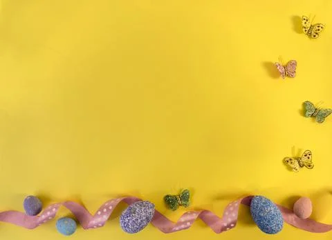 Happy easter! Flat Lay, Internet banner with Copy Space on Easter Stock Photos