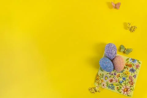 Happy easter! Flat Lay, Internet banner with Copy Space on Easter Stock Photos