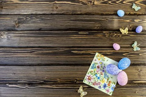 Happy easter! Flat Lay, Internet banner with Copy Space on Easter Stock-Fotos