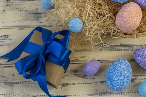 Happy easter! Flat Lay, Internet banner, postcard on Easter Foto stock