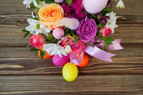 Happy easter! Flat Lay, Internet banner, postcard on Easter.  Bouquet of flow Stock Photos