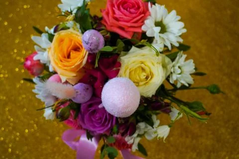 Happy easter! Flat Lay, Internet banner, postcard on Easter.  Bouquet of flow Stock Photos