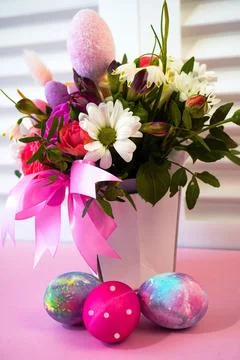 Happy easter! Flat Lay, Internet banner, postcard on Easter.  Bouquet of flow Stock Photos