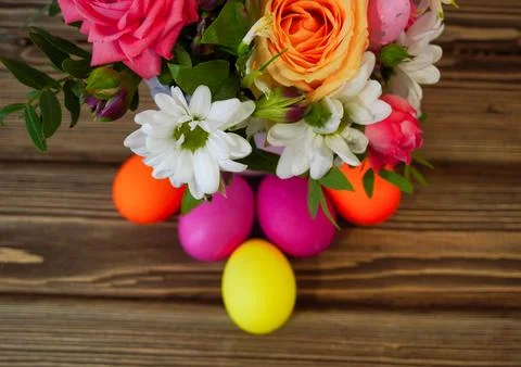 Happy easter! Flat Lay, Internet banner, postcard on Easter.  Bouquet of flow Stock Photos