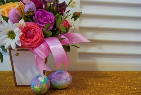 Happy easter! Flat Lay, Internet banner, postcard on Easter.  Bouquet of flow Stock Photos