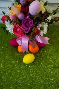 Happy easter! Flat Lay, Internet banner, postcard on Easter.  Bouquet of flow Stock Photos