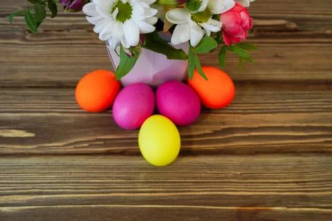 Happy easter! Flat Lay, Internet banner, postcard on Easter.  Bouquet of flow Stock Photos