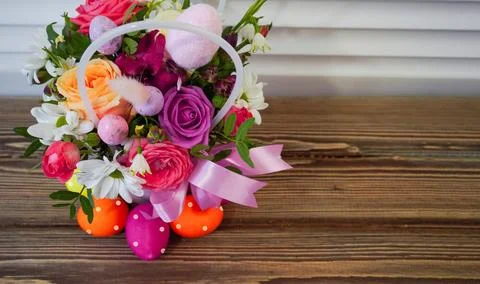 Happy easter! Flat Lay, postcard or Internet banner with Copy Space on Easter Stock Photos