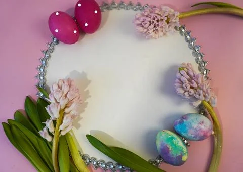 Happy easter! Flat Lay, postcard or Internet banner with Copy Space on Easter Stock Photos