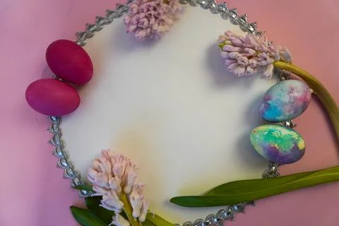 Happy easter! Flat Lay, postcard or Internet banner with Copy Space on Easter Stock Photos