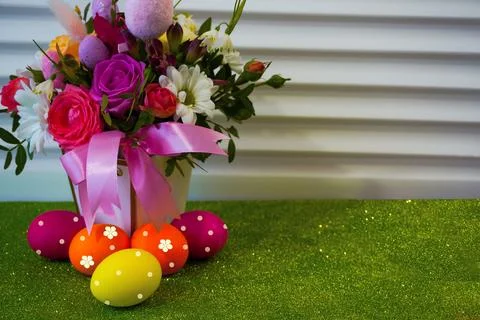Happy easter! Flat Lay, postcard or Internet banner with Copy Space on Easter Stock Photos