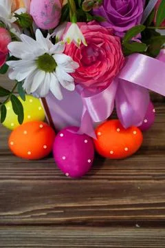 Happy easter! Flat Lay, postcard or Internet banner with Copy Space on Easter Foto stock