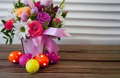 Happy easter! Flat Lay, postcard or Internet banner with Copy Space on Easter Stock Photos