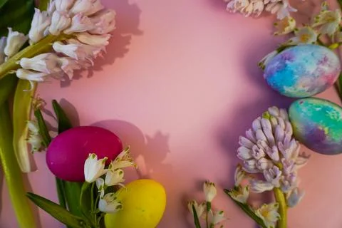 Happy easter! Flat Lay, postcard or Internet banner with Copy Space on Easter Stock Photos