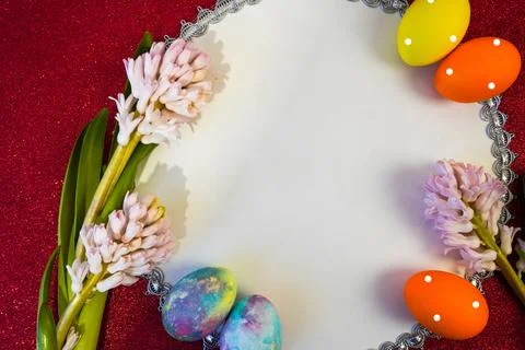 Happy easter! Flat Lay, postcard or Internet banner with Copy Space on Easter Stock Photos