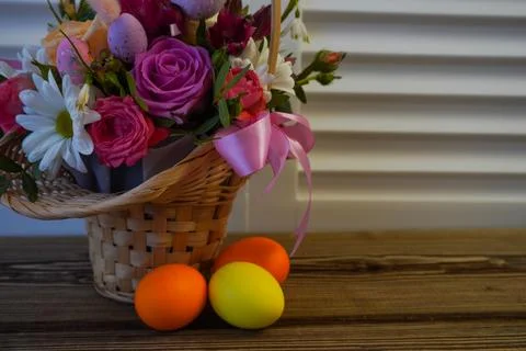 Happy easter! Flat Lay, postcard or Internet banner with Copy Space on Easter Stock Photos