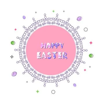 Happy Easter flat round banner. Handwritten lettering with decorative circle  스톡 일러스트