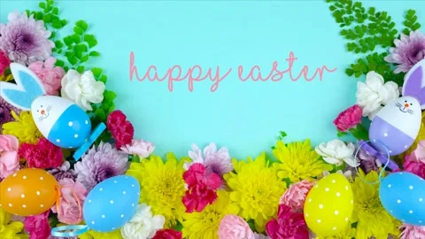 Happy Easter floral display flatlay with Happy Easter animated text greeting. Stock Footage 151117699