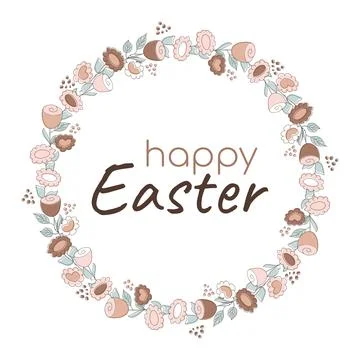 Happy Easter floral Wreath, brown flowers. Mocha Mousse color. Doodle botanical Stock Illustration