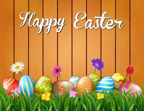 Happy Easter with flowers and colored eggs in the grass Stock Illustration