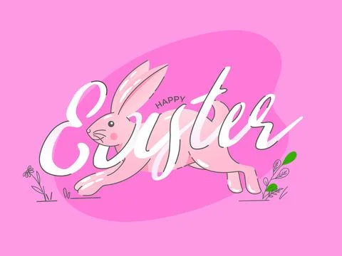 Happy Easter Font with Cartoon Bunny Running on Pink Background. 库存插图