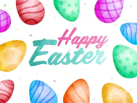 Happy Easter Font with Colorful Painted Eggs Decorate on White Background. Stock Illustration