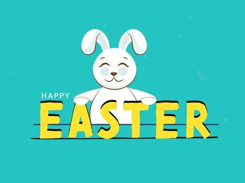 Happy Easter Font with Cute Bunny Cartoon on Light Blue Background. Stock Illustration