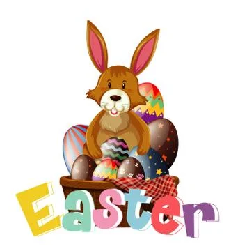 Happy Easter font design with bunny and eggs Stock Illustration