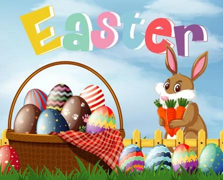 Happy Easter font design with easter bunny and eggs Stock Illustration