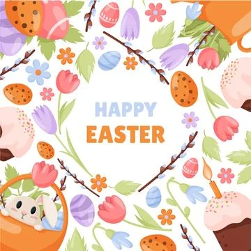 Happy easter frame, banner, poster, greeting card. Trendy Easter design with Stock Illustration