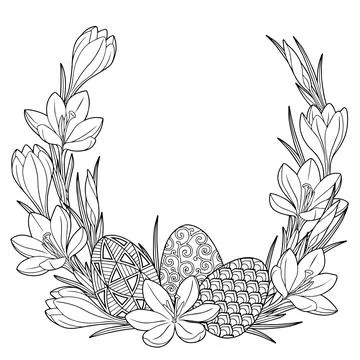 Happy Easter. Frame with black and white doodle easter eggs and spring crocus Stock Illustration